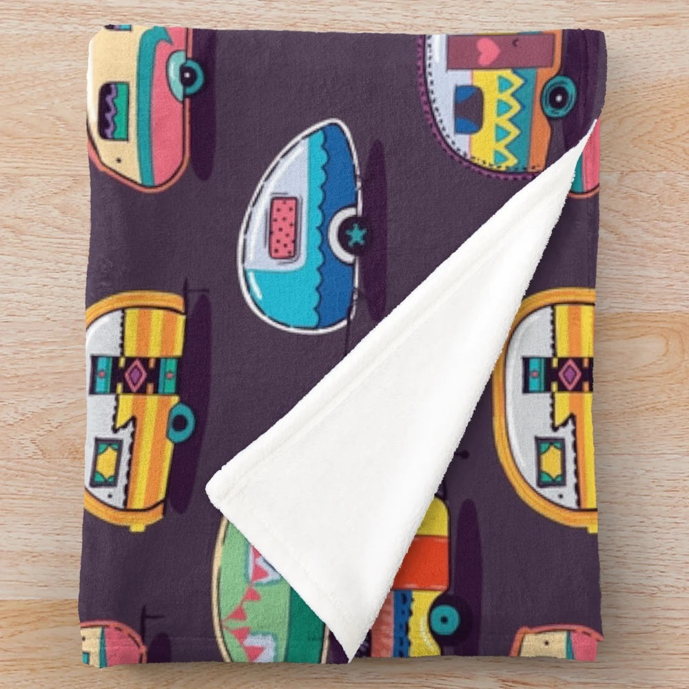Soft and cozy plush blanket featuring a happy camper design