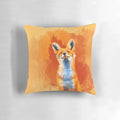 Vibrant illustration of a happy, smiling fox on a soft, fluffy pillow for home decor.
