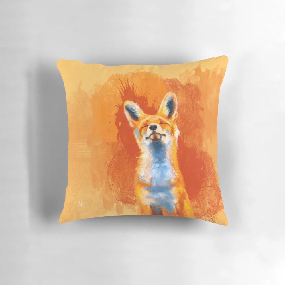 Vibrant illustration of a happy, smiling fox on a soft, fluffy pillow for home decor.