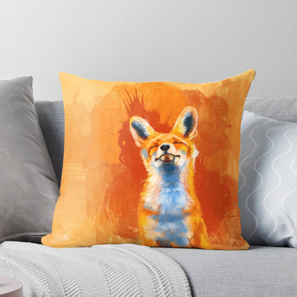 Vibrant illustration of a happy, smiling fox on a soft, fluffy pillow for home decor.