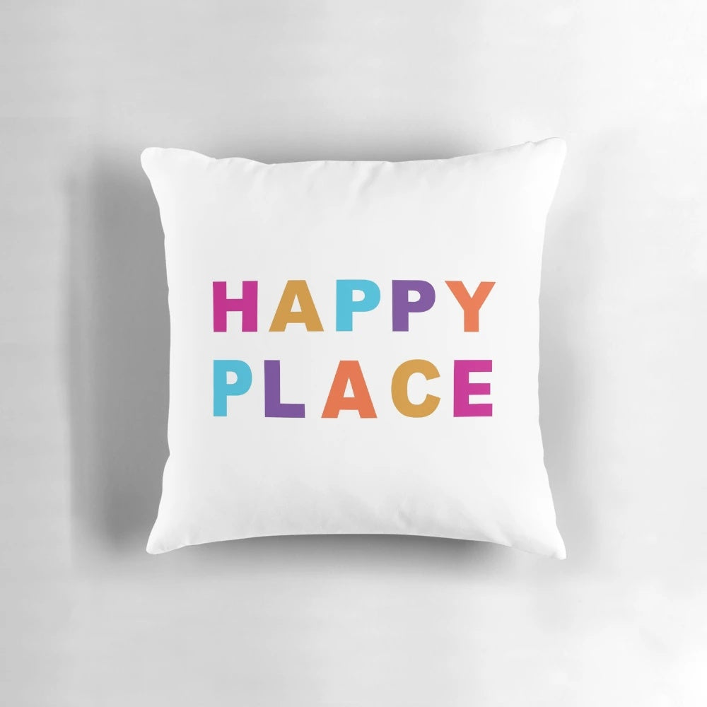 Plush 'Happy Place' pillow for a cozy, relaxing environment