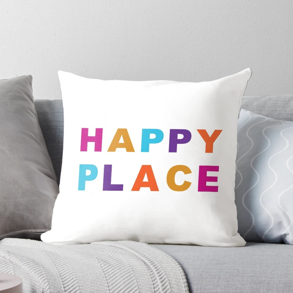 Plush 'Happy Place' pillow for a cozy, relaxing environment