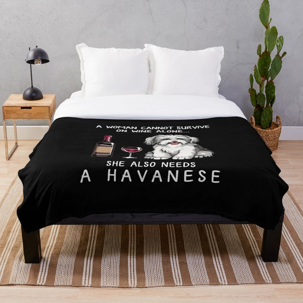 Havanese dog plush blanket with a funny dog and wine design