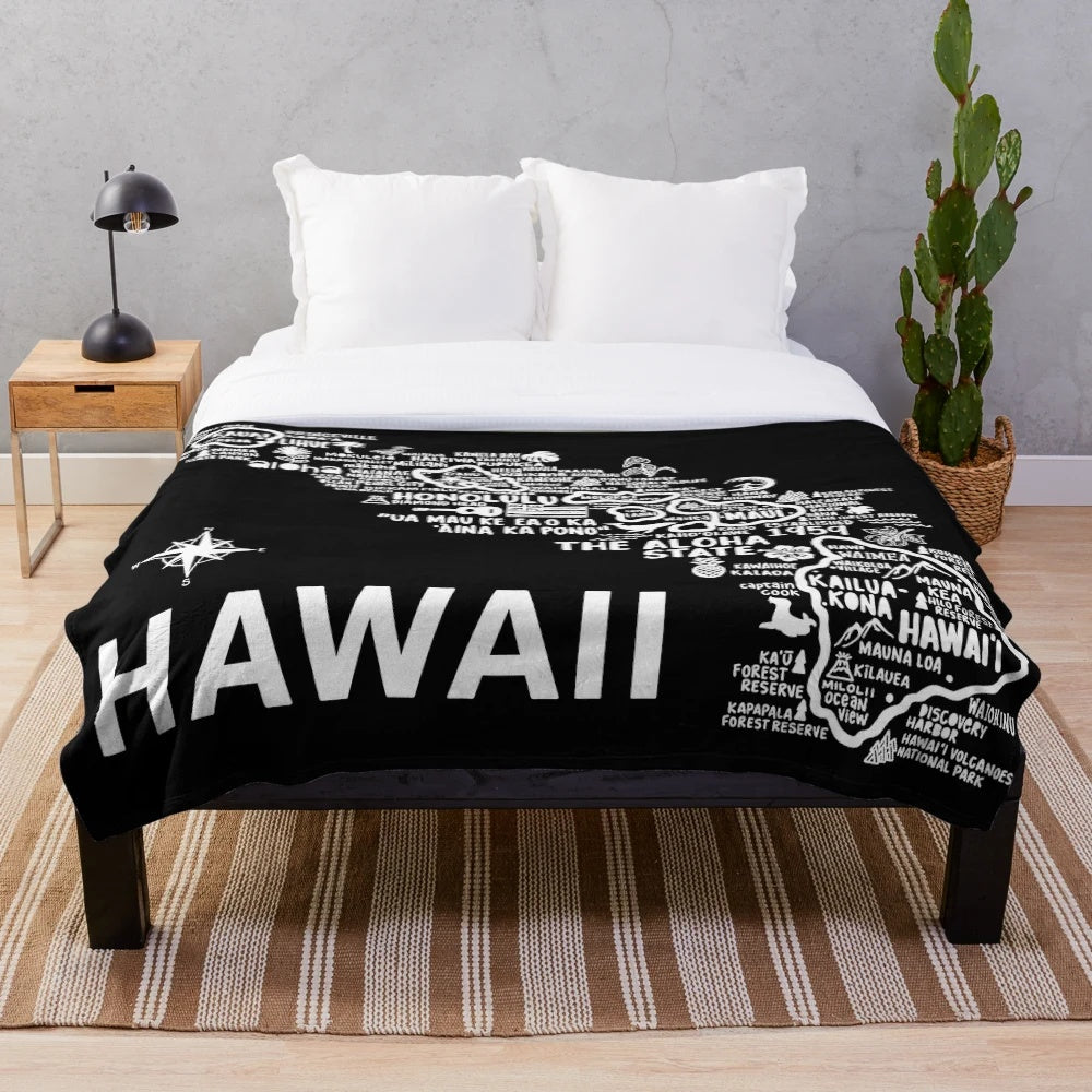 Hawaii map plush blanket with tropical floral design