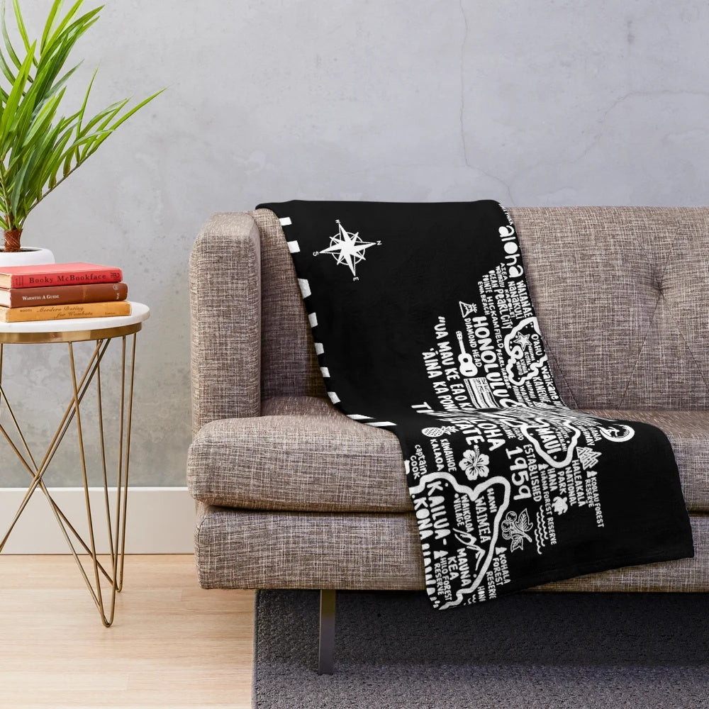 Hawaii map plush blanket with tropical floral design