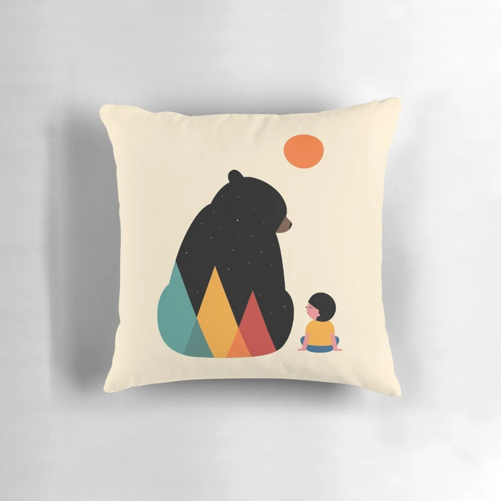 Soft, heart-shaped pillow featuring a hugging bear and child, perfect for kids' rooms and family homes.