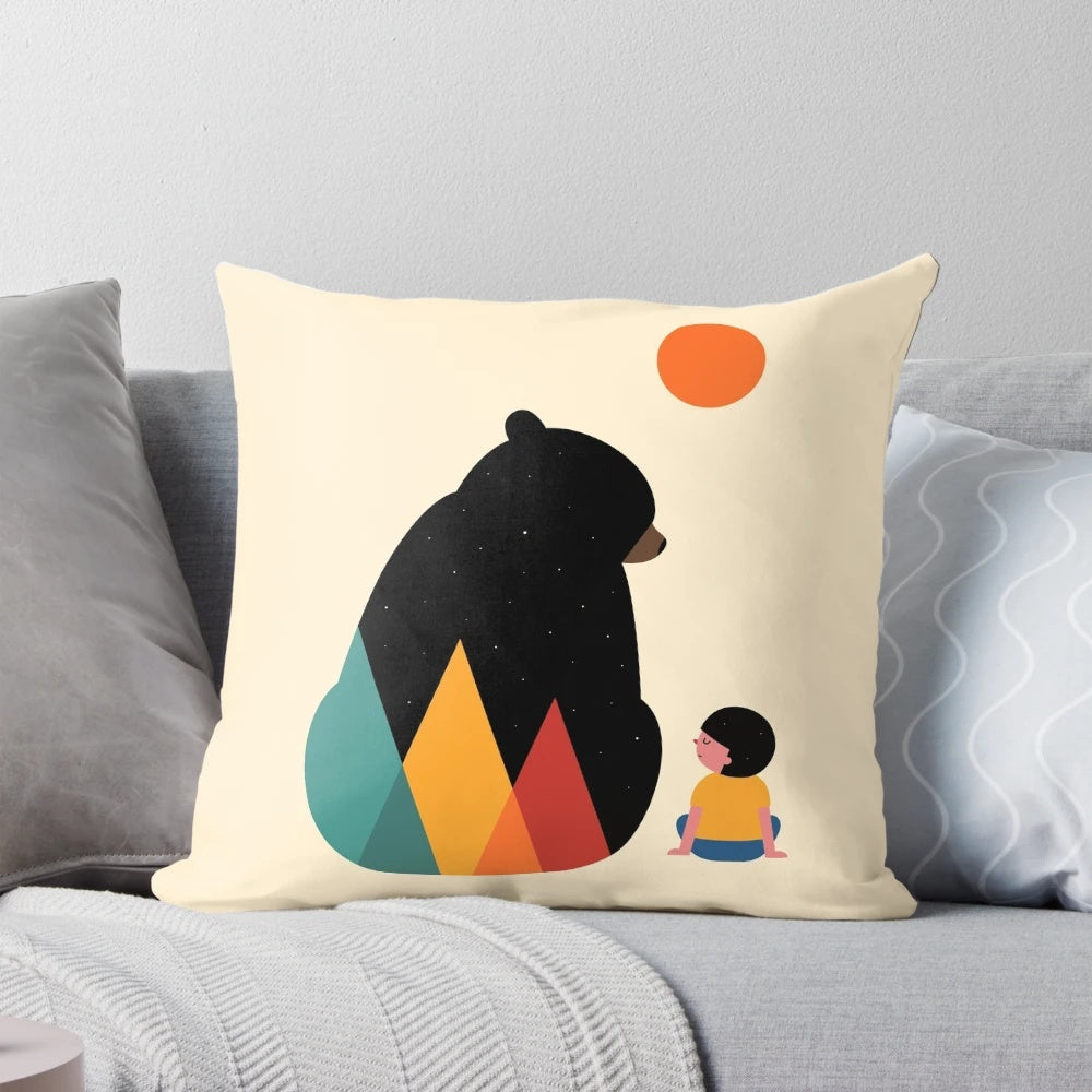 Soft, heart-shaped pillow featuring a hugging bear and child, perfect for kids' rooms and family homes.