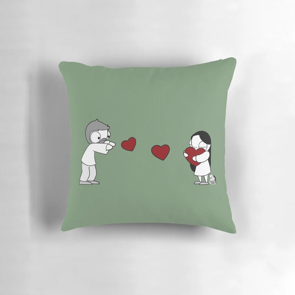 Plush heart-shaped throw pillow featuring a couple with a beard design from the popular Catana Comics