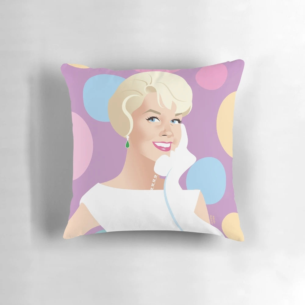 Decorative hello? pillow featuring Alejandro Mogolloart's unique artwork