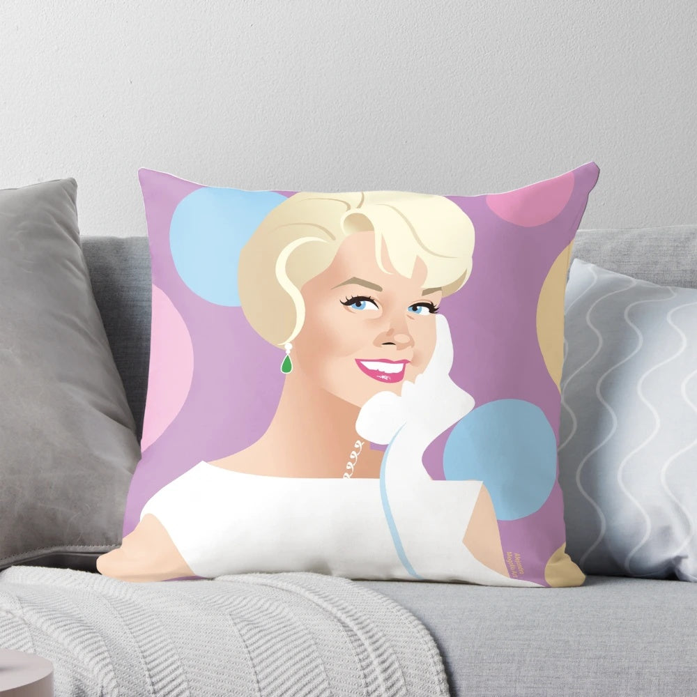 Decorative hello? pillow featuring Alejandro Mogolloart's unique artwork