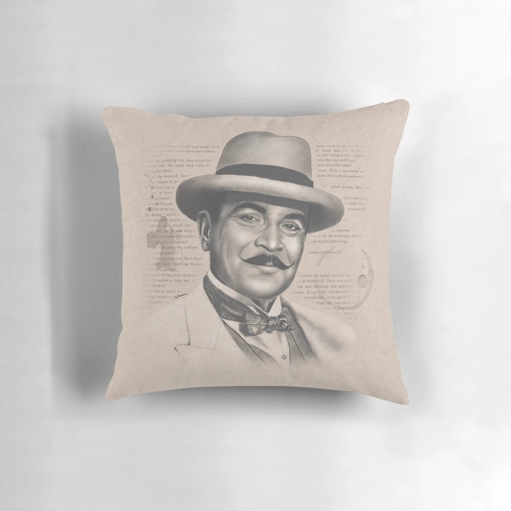 Decorative Hercule Poirot themed throw pillow inspired by the Agatha Christie detective novels