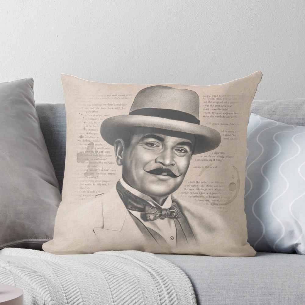 Decorative Hercule Poirot themed throw pillow inspired by the Agatha Christie detective novels
