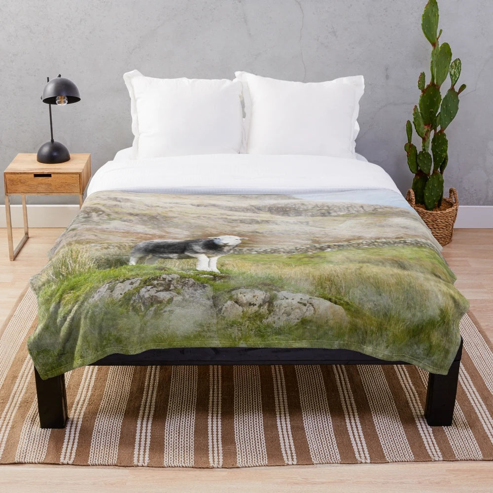 Herdwick sheep in a scenic Lake District landscape watercolor photograph printed on a soft, plush blanket