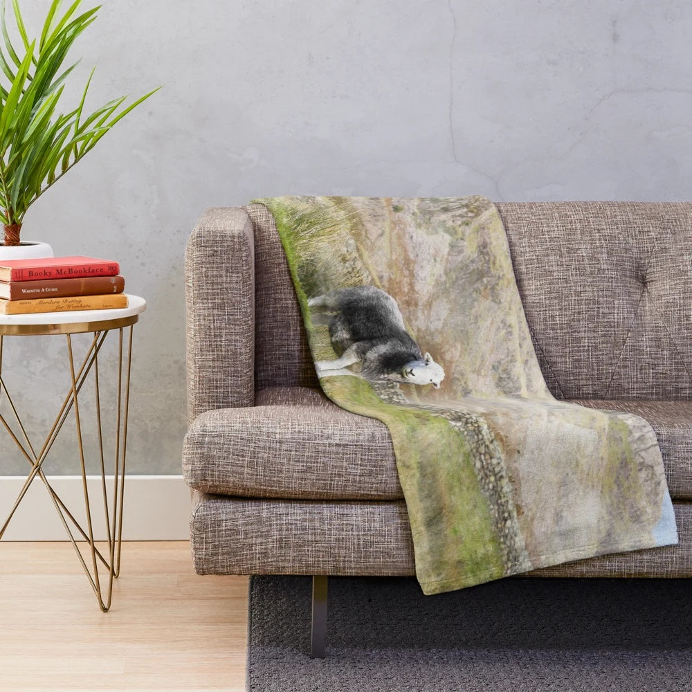 Herdwick sheep in a scenic Lake District landscape watercolor photograph printed on a soft, plush blanket
