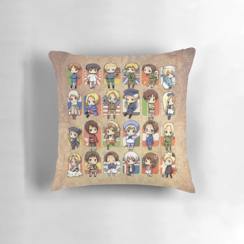 Soft, plush anime-inspired group pillow featuring chibi Hetalia characters