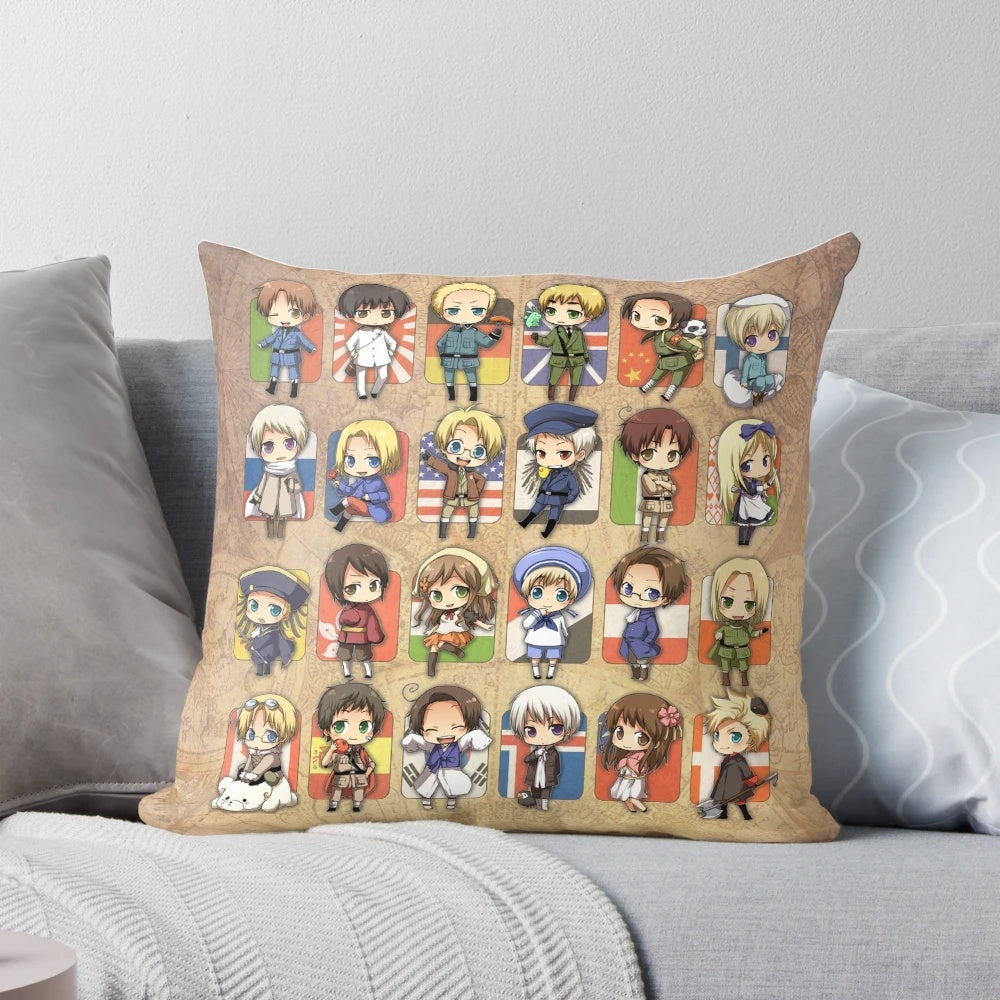 Soft, plush anime-inspired group pillow featuring chibi Hetalia characters