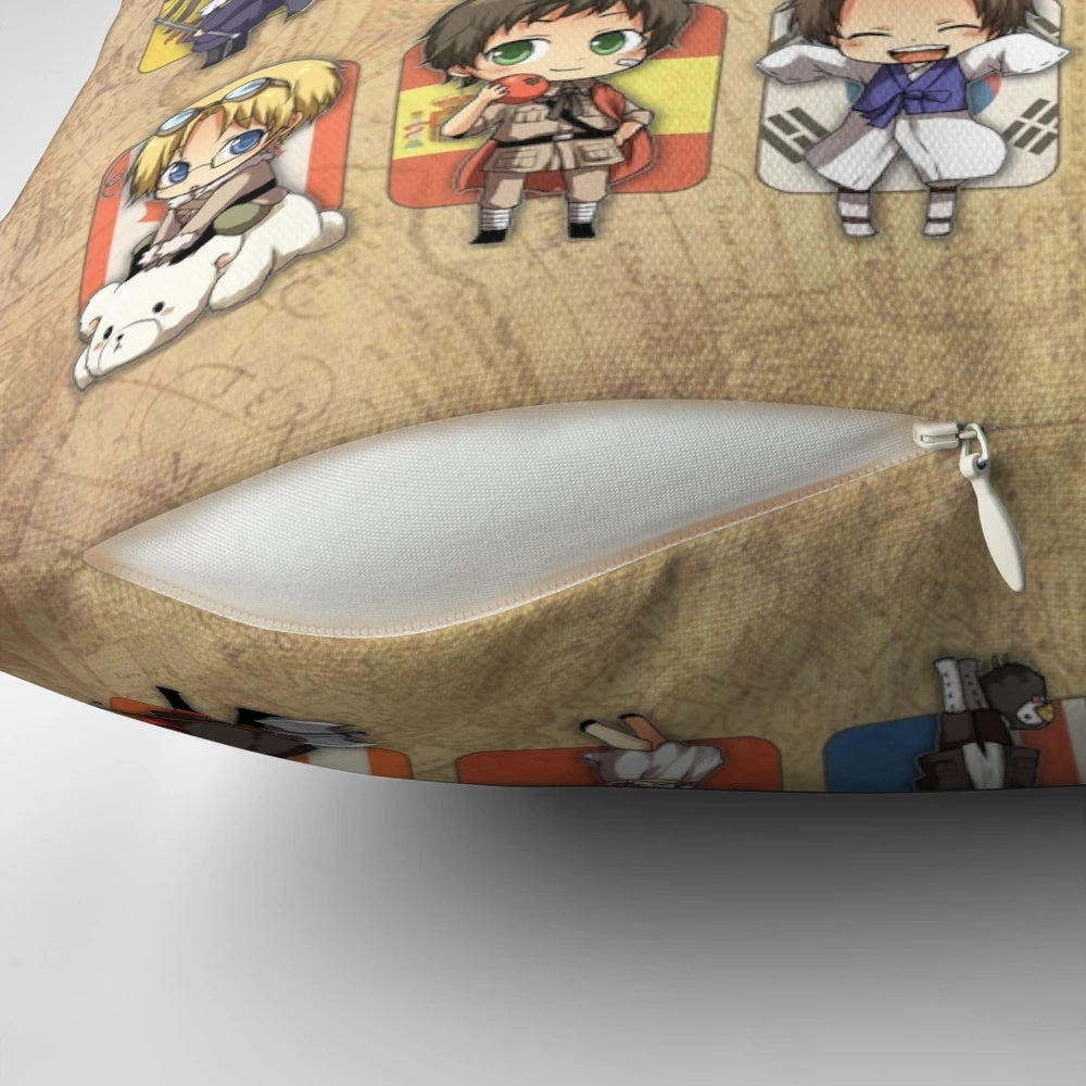 Soft, plush anime-inspired group pillow featuring chibi Hetalia characters