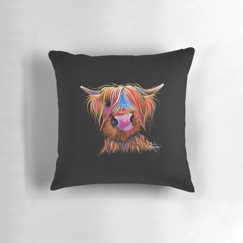 Decorative throw pillow featuring a colorful painting of a ginger highland cow, known as 'Bruce'