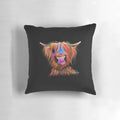 Decorative throw pillow featuring a colorful painting of a ginger highland cow, known as 'Bruce'