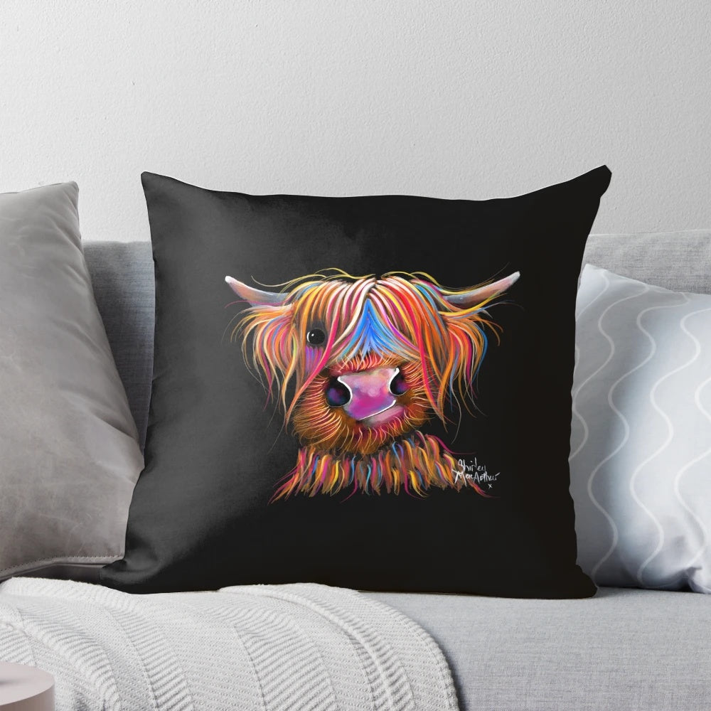 Decorative throw pillow featuring a colorful painting of a ginger highland cow, known as 'Bruce'