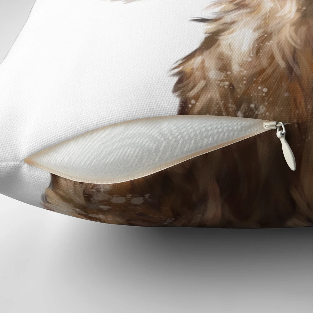 Soft, plush Highland cow Christmas pillow with festive holiday design