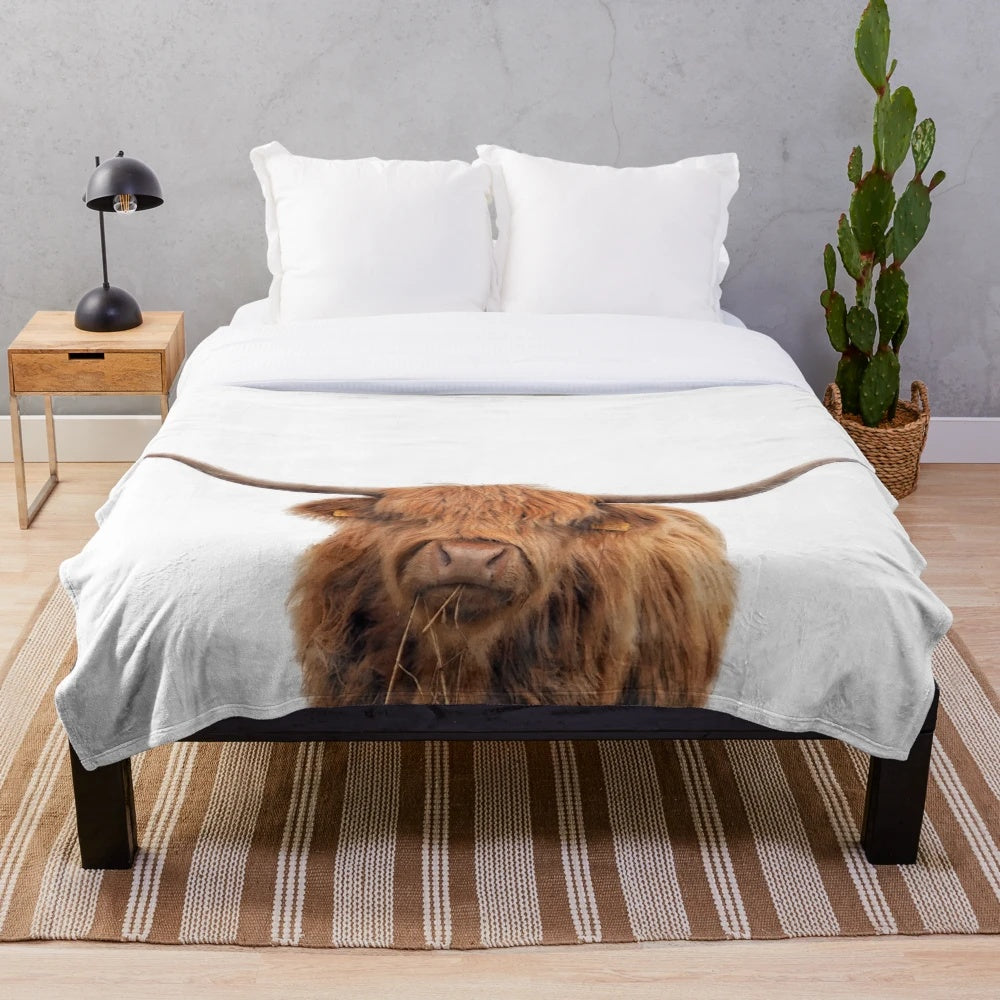 Highland cow plush blanket with watercolor design