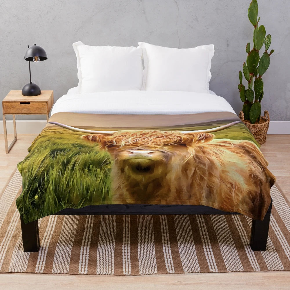 Plush blanket featuring a painting of a highland cow, a iconic Scottish breed, in the scenic highlands landscape