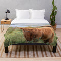 Plush blanket featuring a long-haired highland cow, a traditional Scottish highland cow