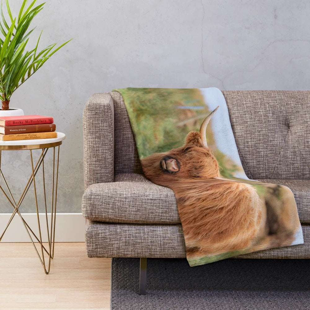 Plush blanket featuring a long-haired highland cow, a traditional Scottish highland cow