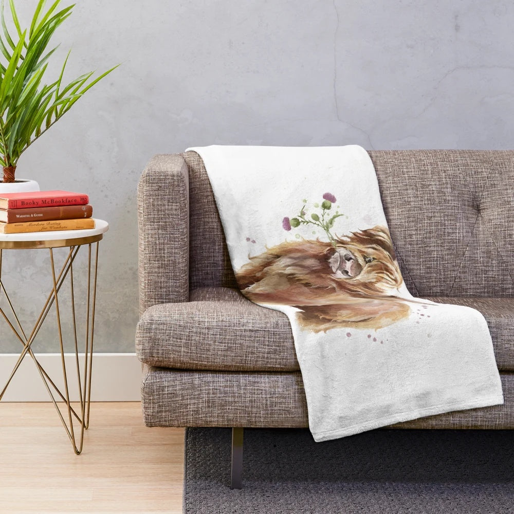Highland cow plush blanket with watercolor cow design