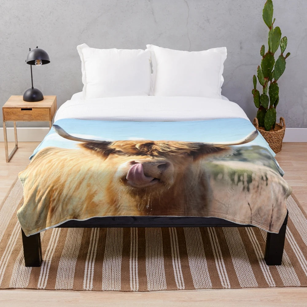 Tongue out Highland cow plush blanket