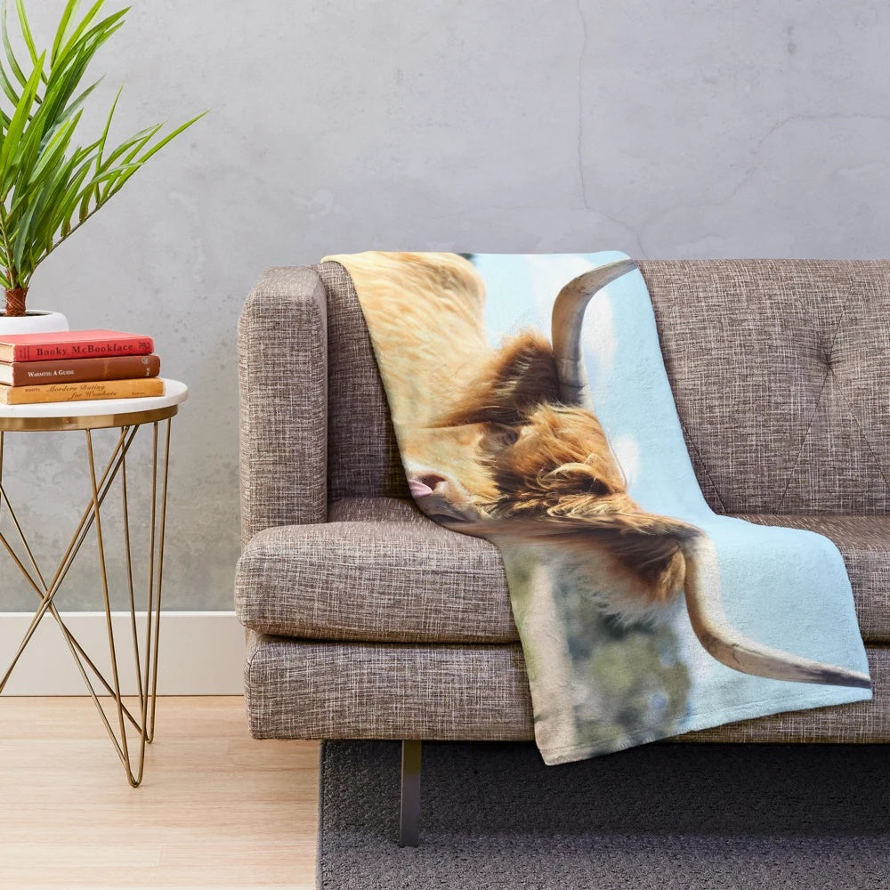 Tongue out Highland cow plush blanket
