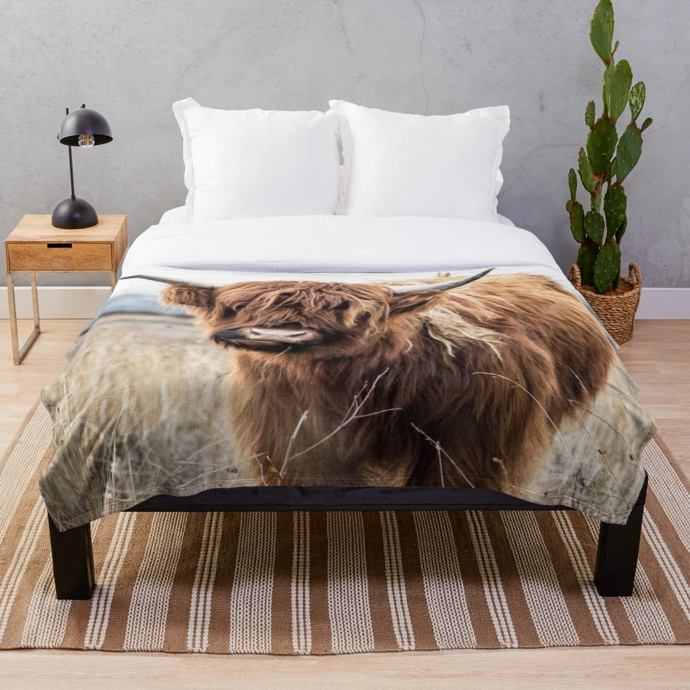 Plush blanket featuring a highland cow portrait