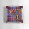 A plush pillow featuring a charming illustration of a Scottish Highland cow in a tartan pattern with a pink accent.
