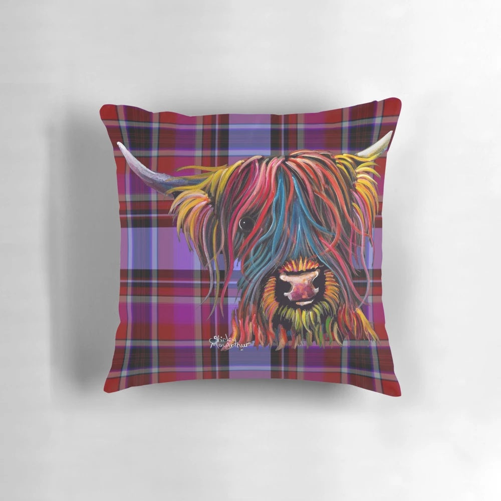 A plush pillow featuring a charming illustration of a Scottish Highland cow in a tartan pattern with a pink accent.
