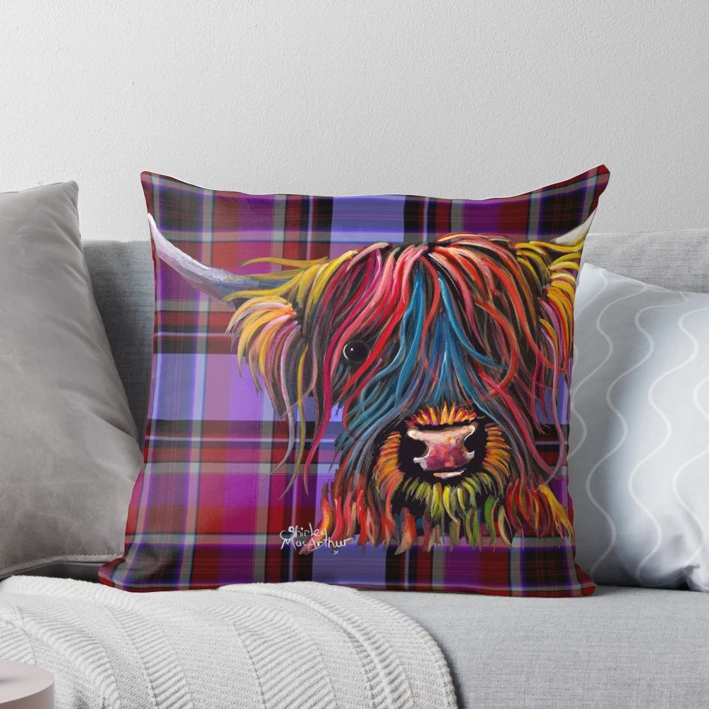 A plush pillow featuring a charming illustration of a Scottish Highland cow in a tartan pattern with a pink accent.