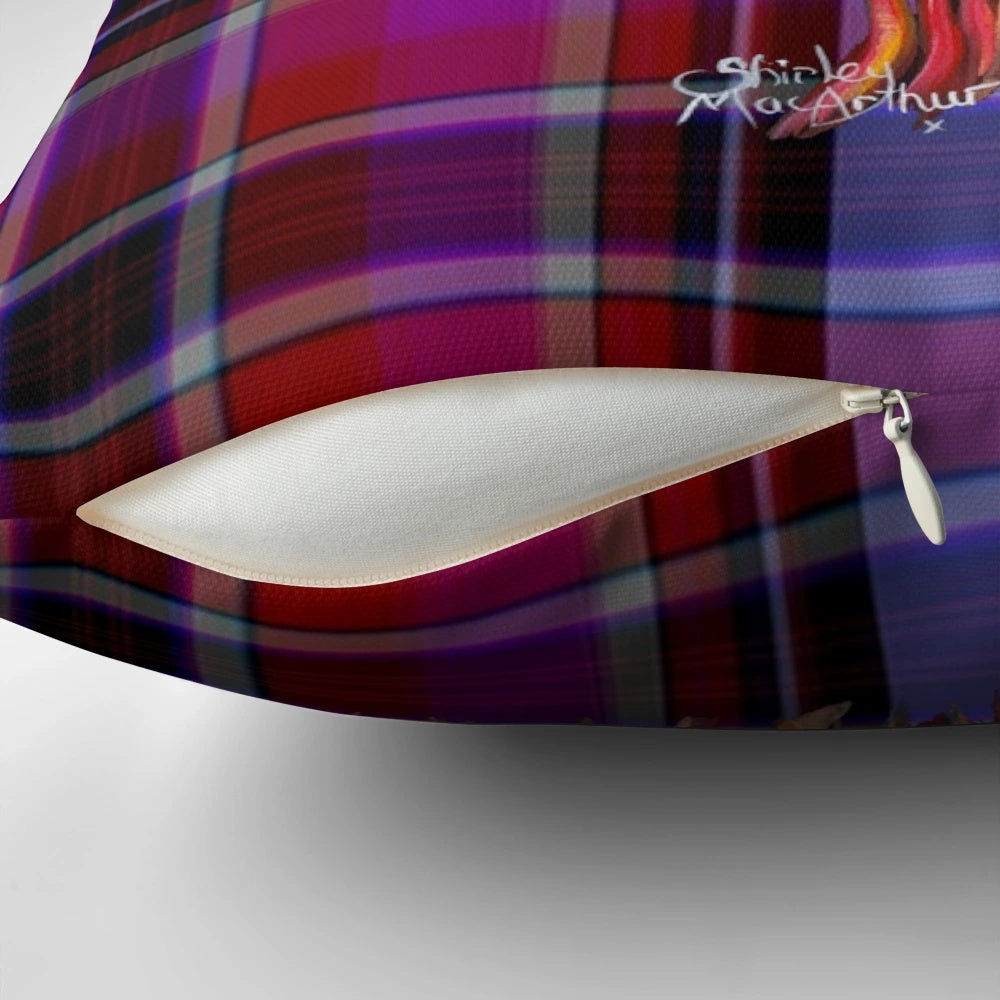 A plush pillow featuring a charming illustration of a Scottish Highland cow in a tartan pattern with a pink accent.