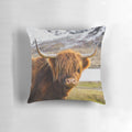 A soft, plush throw pillow featuring the charming face of a Scottish Highland cow, perfect for adding a touch of rustic style to your home.