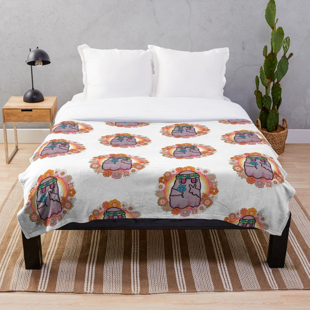 Cozy plush blanket with a hippie ghost design for fall and Halloween decor