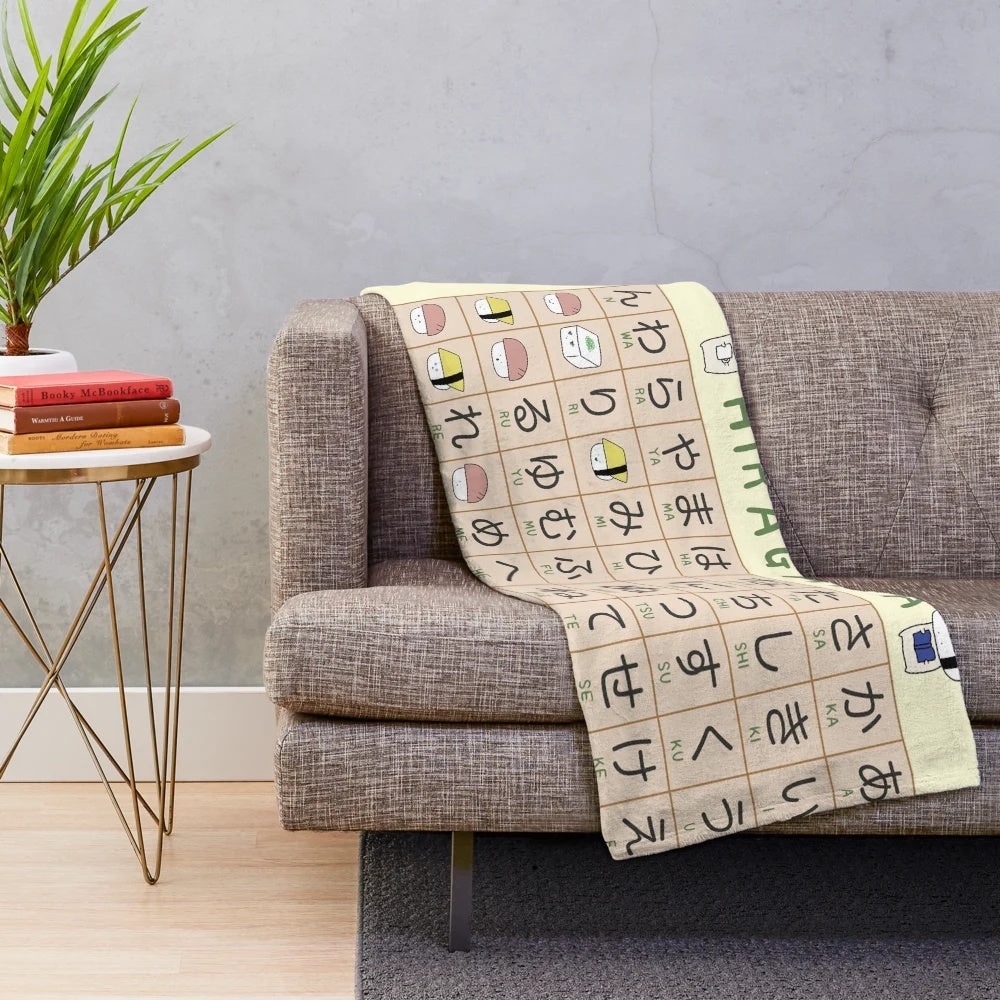 Soft and plush blanket featuring a hiragana cheat sheet design, perfect for Japanese language learners and anime/manga fans