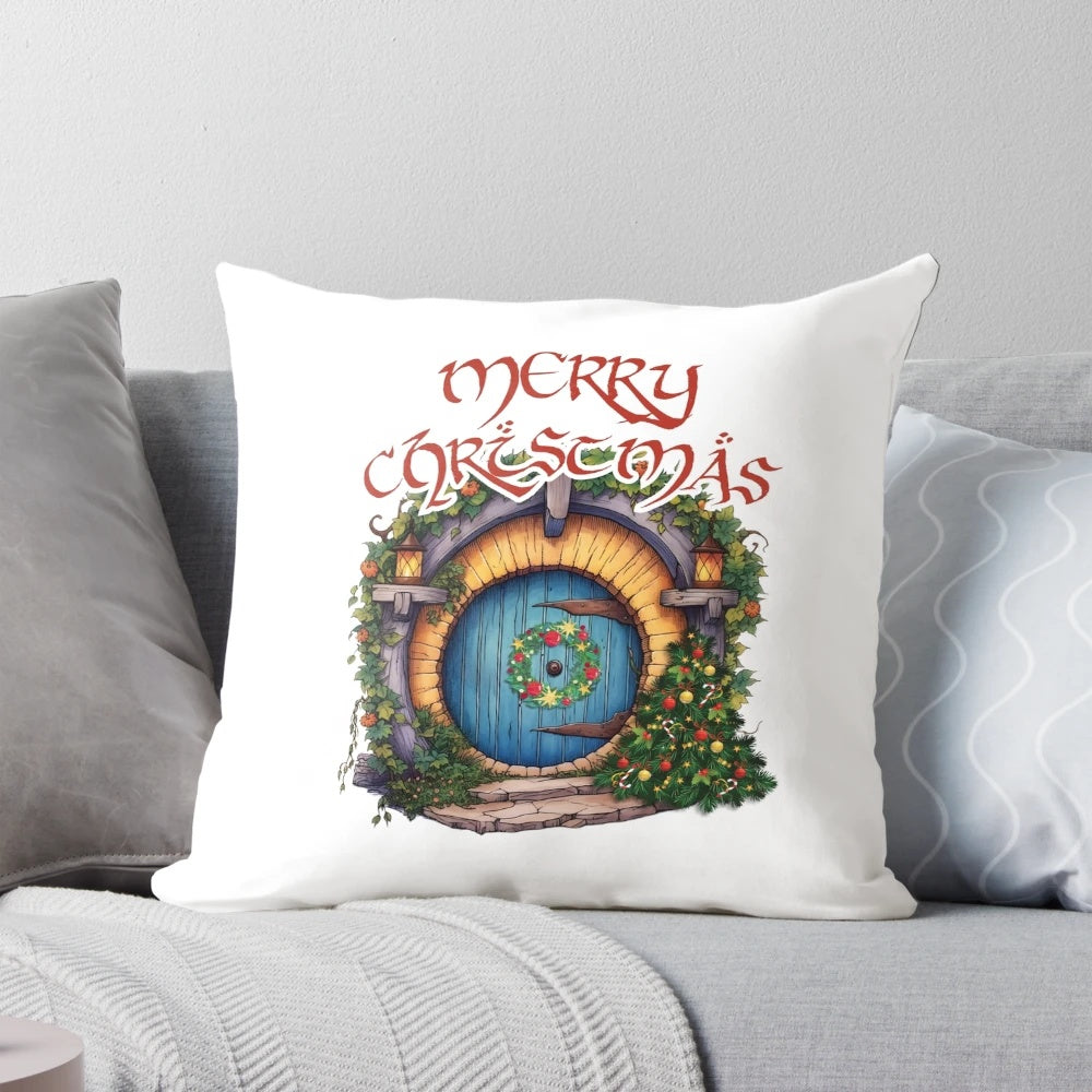A whimsical decorative pillow featuring a cozy hobbit hole from the fantasy world of Middle-earth, perfect for Lord of the Rings fans.