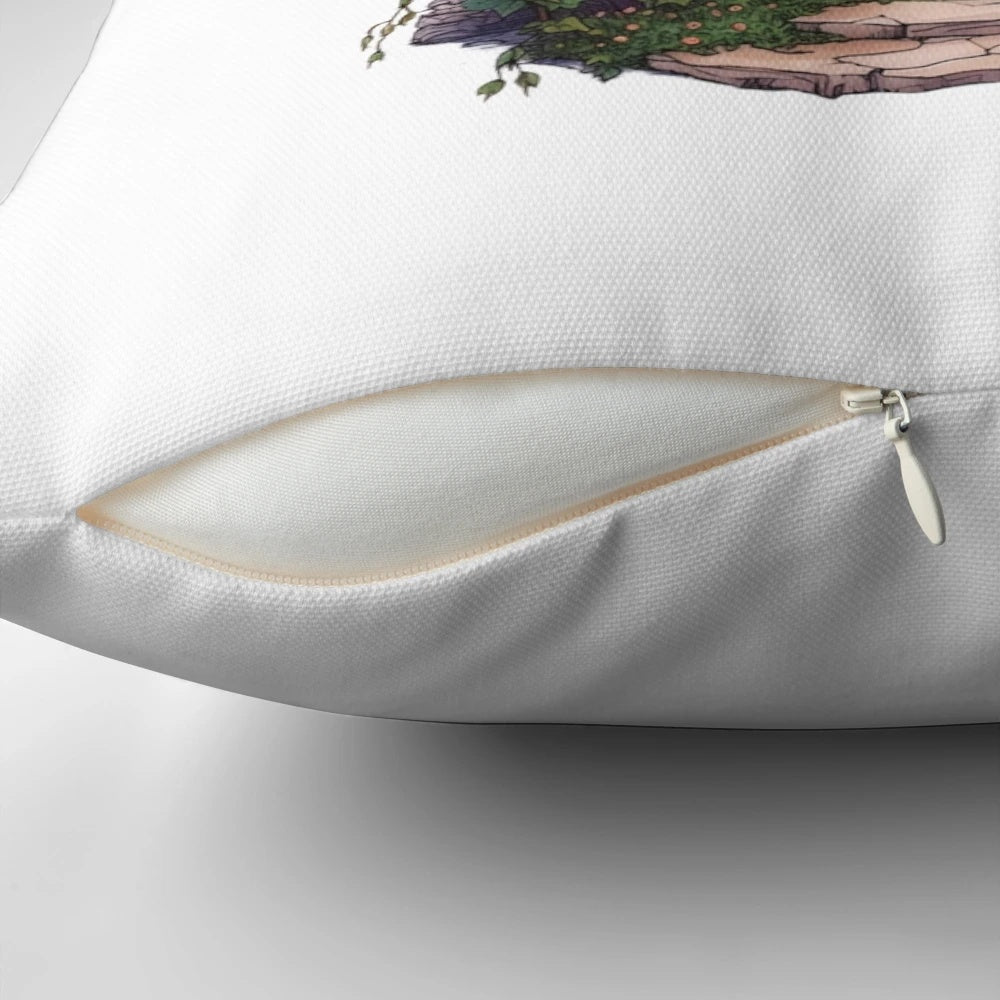 A whimsical decorative pillow featuring a cozy hobbit hole from the fantasy world of Middle-earth, perfect for Lord of the Rings fans.