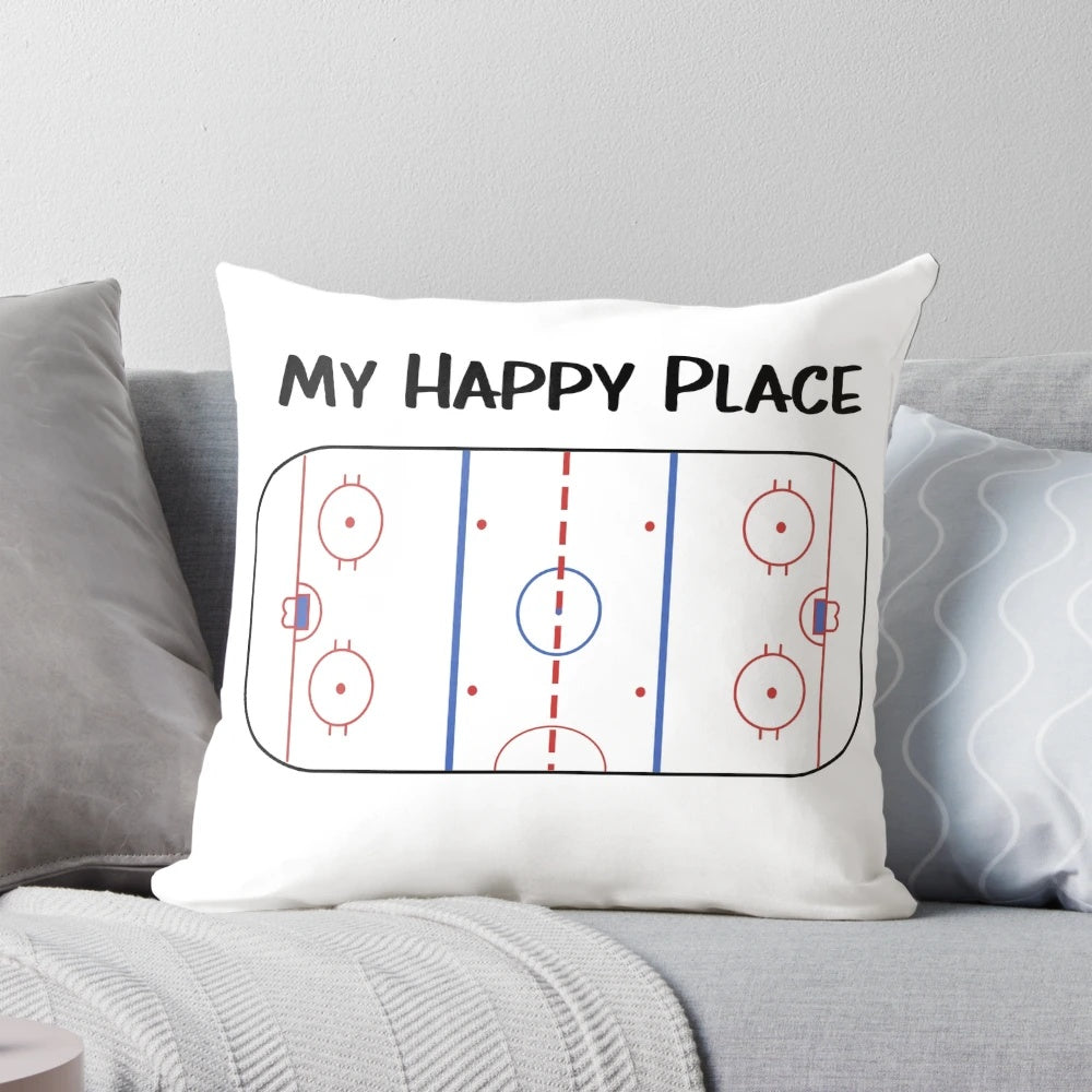 Soft and plush hockey pillow featuring a hockey rink design for hockey enthusiasts and fans.