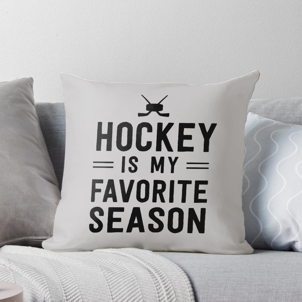 A cozy pillow featuring a hockey theme, ideal for hockey fans and sports enthusiasts.