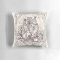 A cozy throw pillow featuring a whimsical illustration of a cute owl in a snowy, pine forest setting