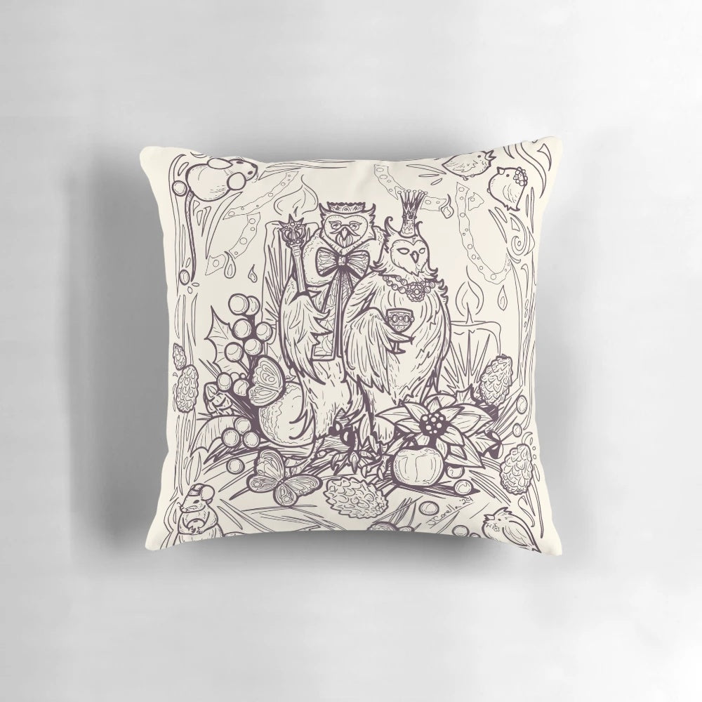 A cozy throw pillow featuring a whimsical illustration of a cute owl in a snowy, pine forest setting