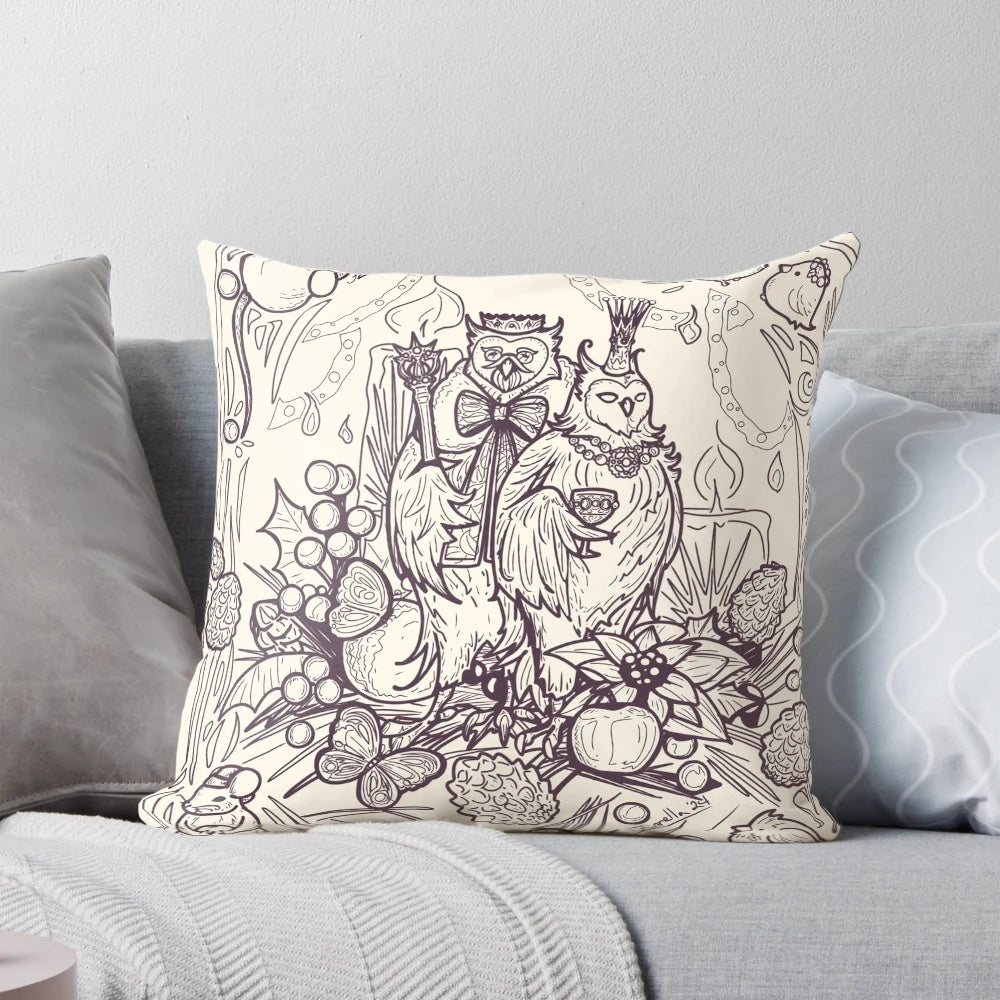 A cozy throw pillow featuring a whimsical illustration of a cute owl in a snowy, pine forest setting