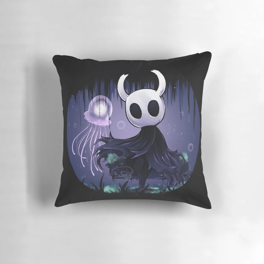 Soft and plush Hollow Knight themed decorative pillow featuring the iconic characters and imagery from the beloved video game.
