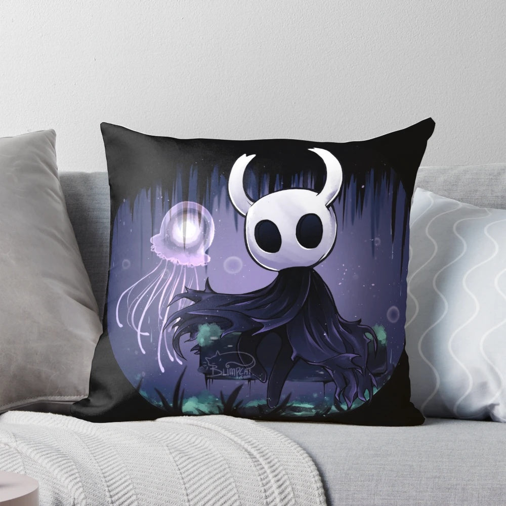 Soft and plush Hollow Knight themed decorative pillow featuring the iconic characters and imagery from the beloved video game.