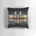 Pillow featuring the iconic home from the movie Home Alone with shadows dancing in the snowy window